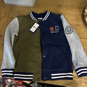Champion Colorblock Varsity Jacket in Olive, Navy, and Gray